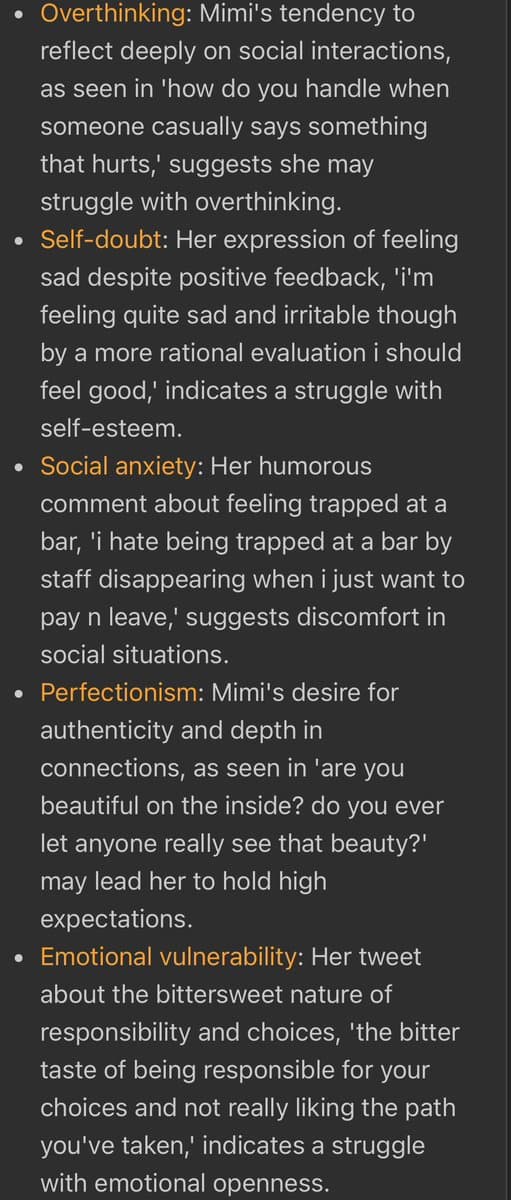 A screenshot of a text-based analysis, likely from an AI, listing psychological traits such as overthinking, self-doubt, and social anxiety. The text provides examples of these traits based on a person's social media interactions and comments.