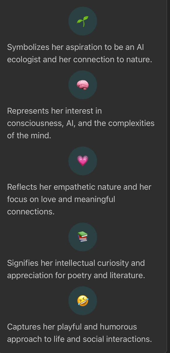 A screenshot of a text-based list, likely from an AI-generated profile analysis, pairing emoji icons with descriptive sentences about a person's traits. The text is white on a dark background.