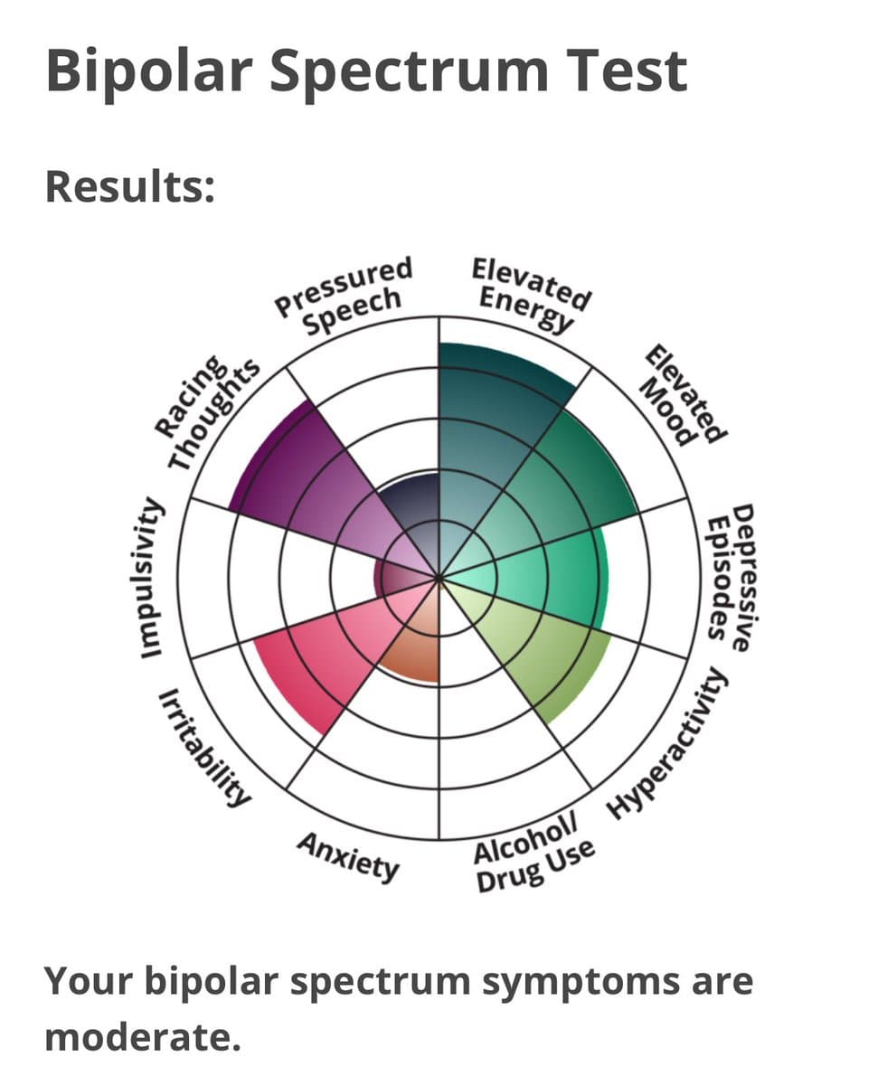 A screenshot of a 'Bipolar Spectrum Test' results page featuring a circular radar chart. The chart displays scores across various symptoms such as 'Elevated Energy,' 'Racing Thoughts,' and 'Irritability,' with a concluding statement at the bottom.