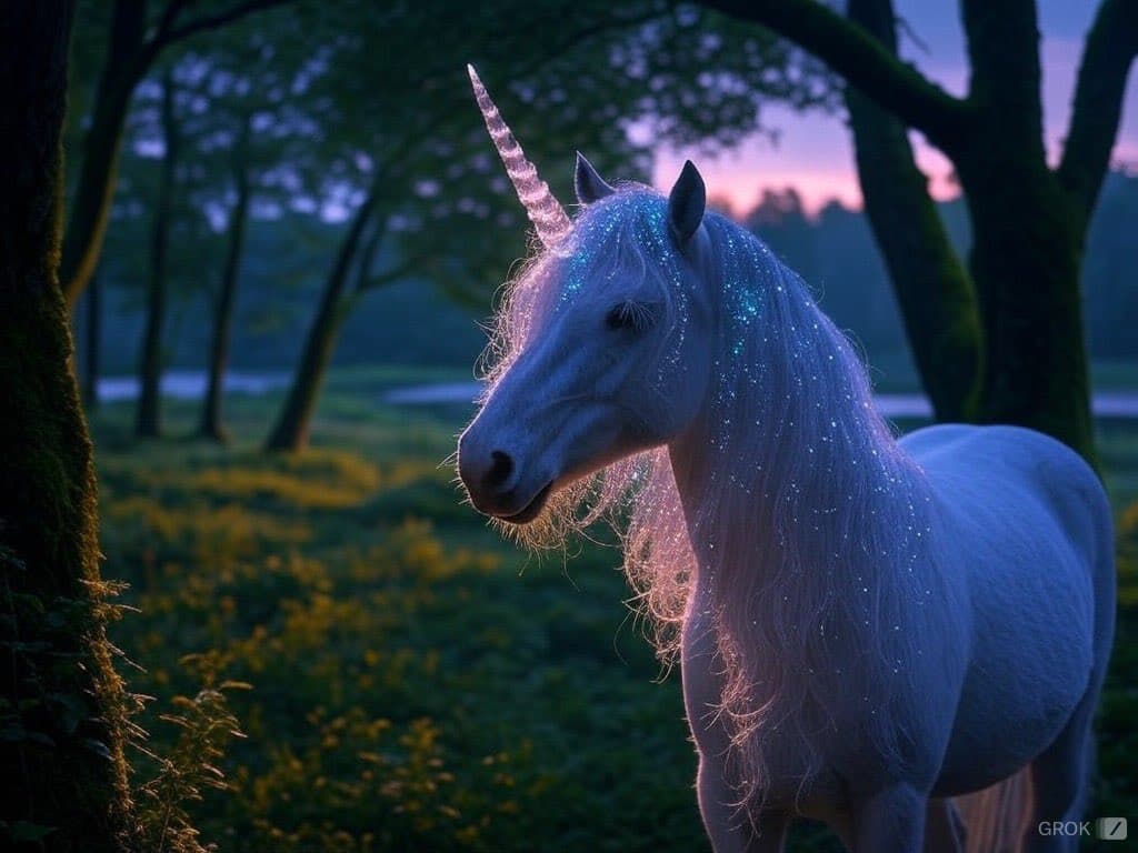 A digital illustration of a white unicorn with a glowing horn and sparkling blue particles in its mane, standing in a forest clearing at dusk. The background features tall trees and a soft, purple-hued sky. A 'GROK' watermark is visible in the bottom right corner.