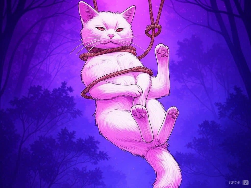 A digital illustration of a white cat with a grumpy expression, bound by a rope and hanging in a purple, forest-like setting. The image is watermarked with the Grok logo in the bottom right corner.