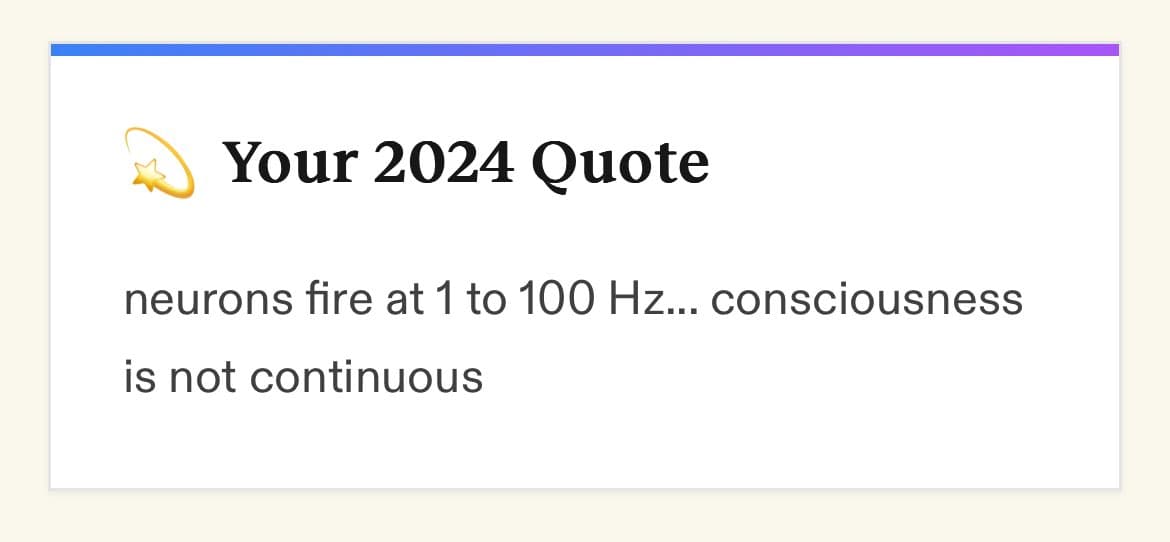 A screenshot of a Twitter Wrapped card titled "Your 2024 Quote" featuring a shooting star icon. The card displays a quote about neuroscience and consciousness.