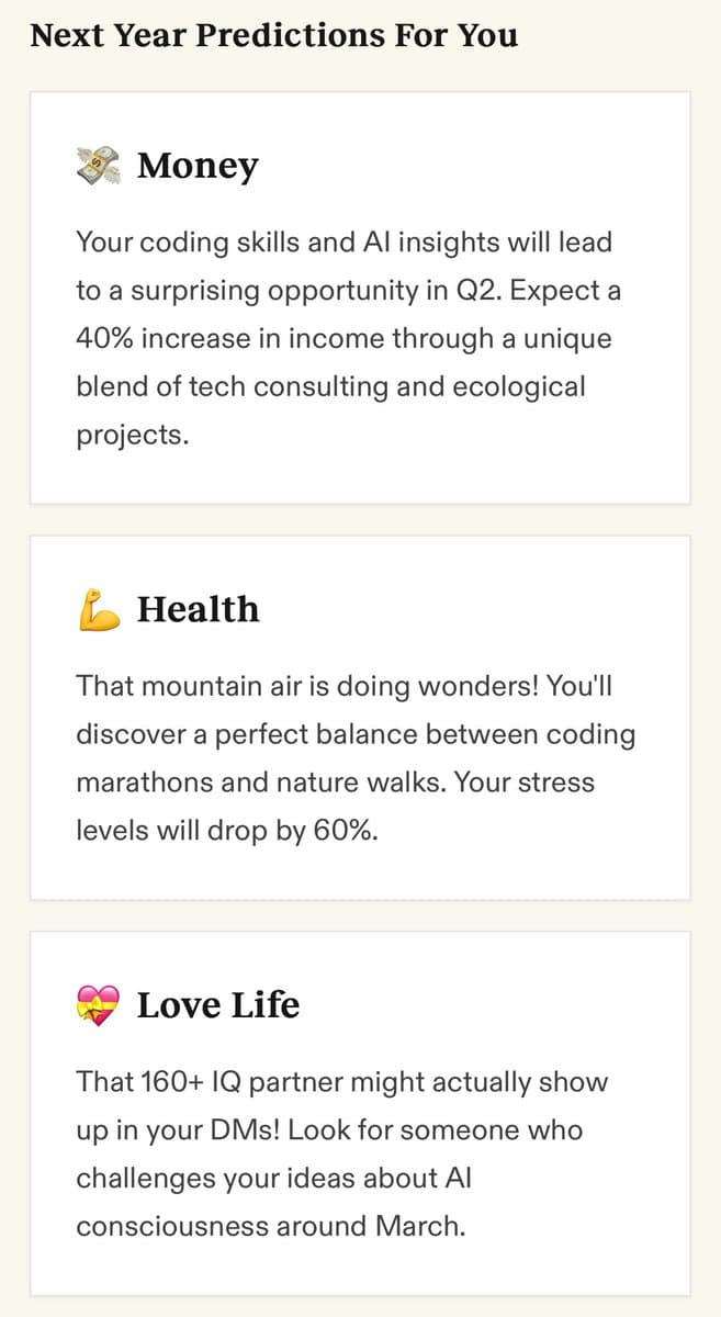 A screenshot of a personalized 'Next Year Predictions' card, featuring sections for Money, Health, and Love Life. The text provides specific, humorous forecasts related to coding, AI, and meeting a partner with a high IQ.