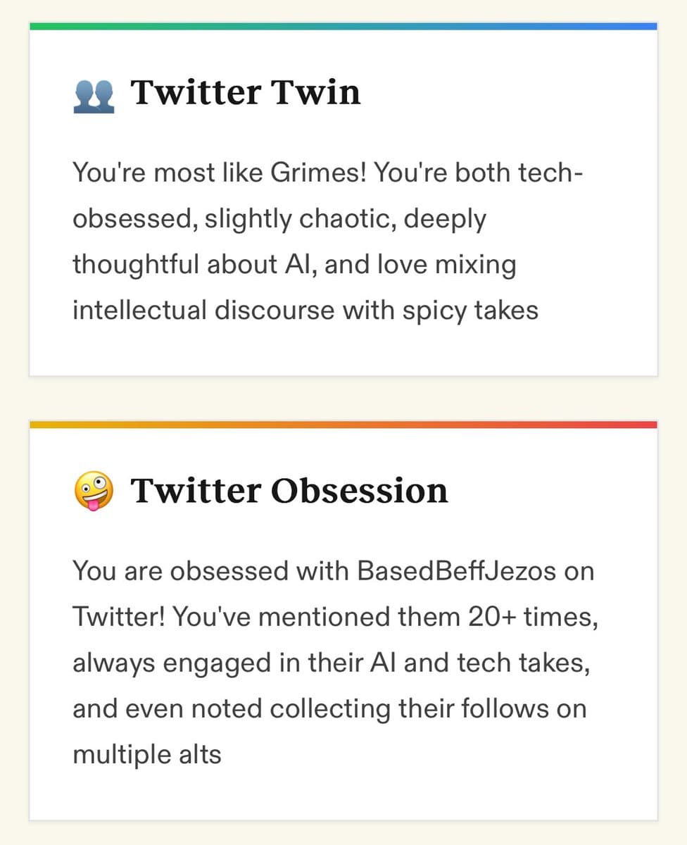 A screenshot of a Twitter Wrapped summary card featuring two sections: 'Twitter Twin' and 'Twitter Obsession'. The first section compares the user to Grimes, while the second highlights their frequent engagement with a specific user named BasedBeffJezos.