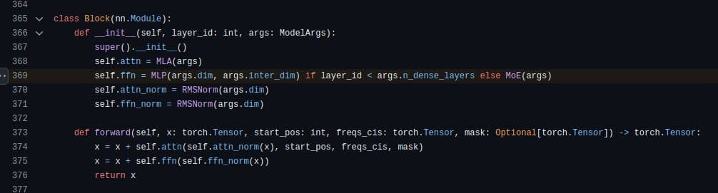A screenshot of Python source code showing a PyTorch `Block` class definition, with line numbers 364-377 visible on the left. The code defines an `__init__` method and a `forward` method for a neural network layer.