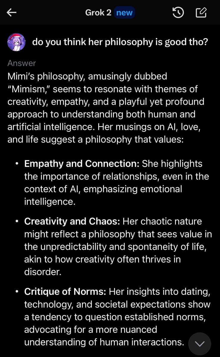 A screenshot of a chat interface with the AI model 'Grok 2' displaying a response to a user's question about a philosophy called 'Mimism.' The AI's text elaborates on the philosophy's themes of empathy, creativity, and critique of norms.