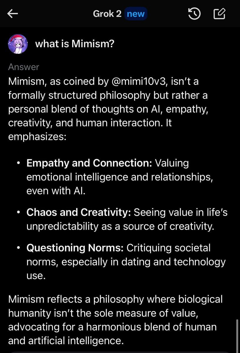A screenshot of a chat interface with the AI model 'Grok 2', showing a user's question and the AI's detailed response. The AI defines 'Mimism' as a personal philosophy coined by a specific user, outlining its core tenets of empathy, creativity, and questioning norms in the context of human-AI interaction.