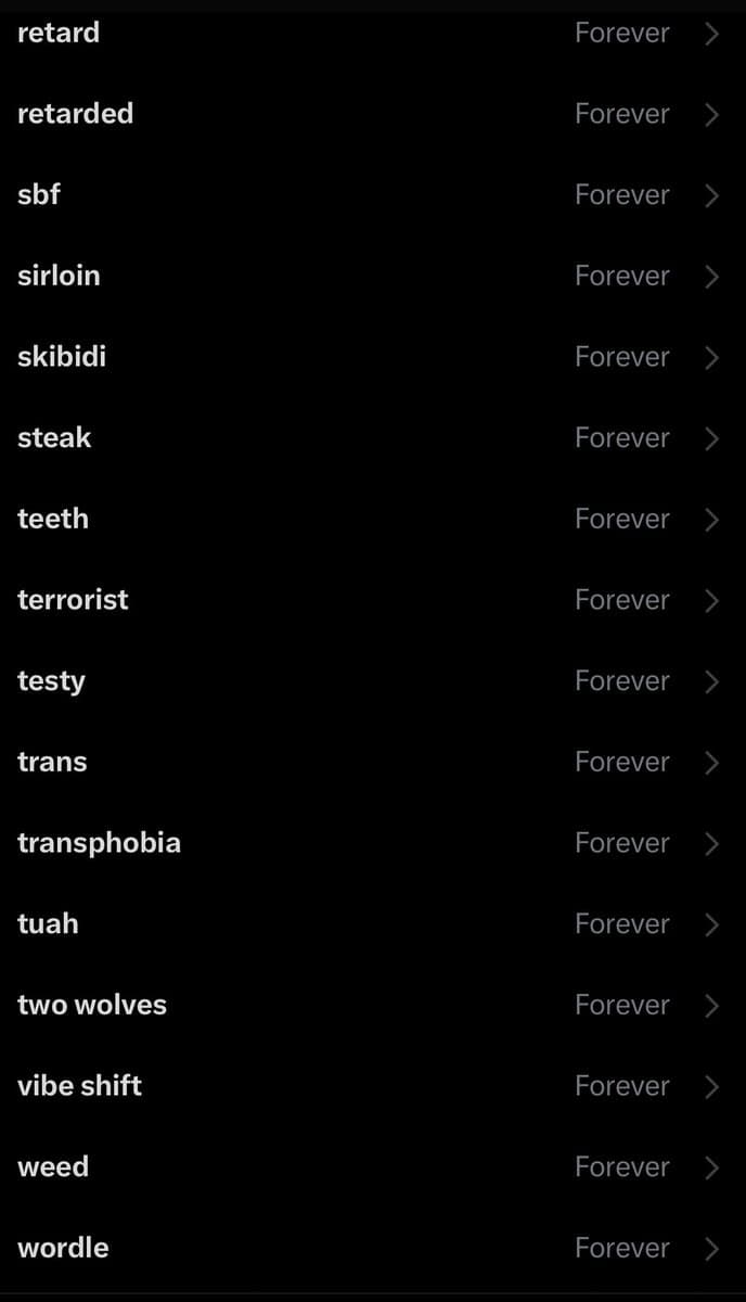 A screenshot of a Twitter mute list showing a series of words and phrases set to be muted forever. The list includes terms such as 'retard', 'retarded', 'sbf', 'sirloin', 'skibidi', 'steak', 'teeth', 'terrorist', 'testy', 'trans', 'transphobia', 'tuah', 'two wolves', 'vibe shift', 'weed', and 'wordle'.