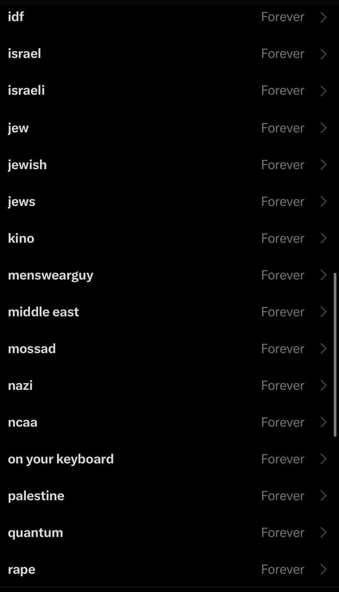 A screenshot of a Twitter mute list showing a series of keywords and usernames set to be muted 'Forever'. The list includes terms such as 'idf', 'israel', 'jewish', 'nazi', 'palestine', and 'rape'.