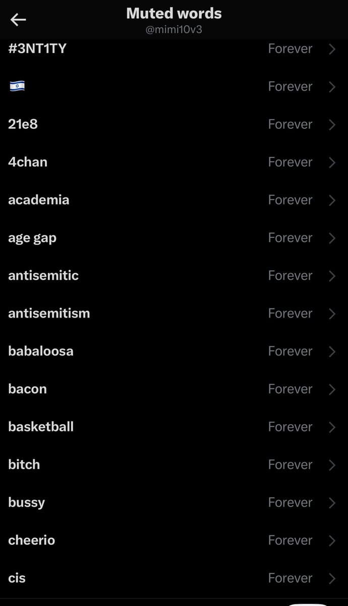 A screenshot of a Twitter 'Muted words' settings page for the account @mimi10v3, listing various words and phrases that have been muted. Each entry is set to 'Forever' with a right-facing arrow indicating further options.
