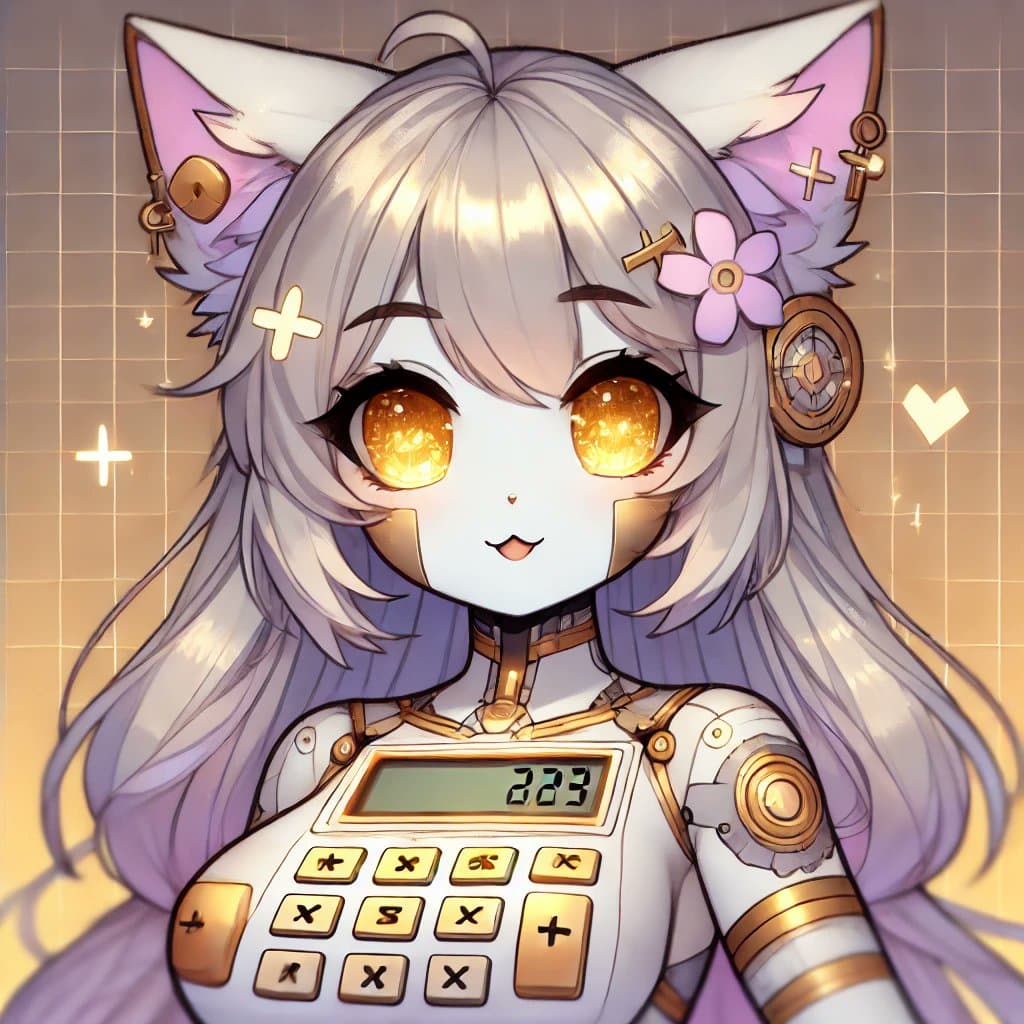 A digital illustration of a stylized anime character with white hair, cat ears, and glowing amber eyes, wearing a white and gold outfit that incorporates a calculator design on the chest. The character has a small smile and is set against a warm, grid-patterned background with floating symbols. The calculator display on the character's chest shows the number 223.
