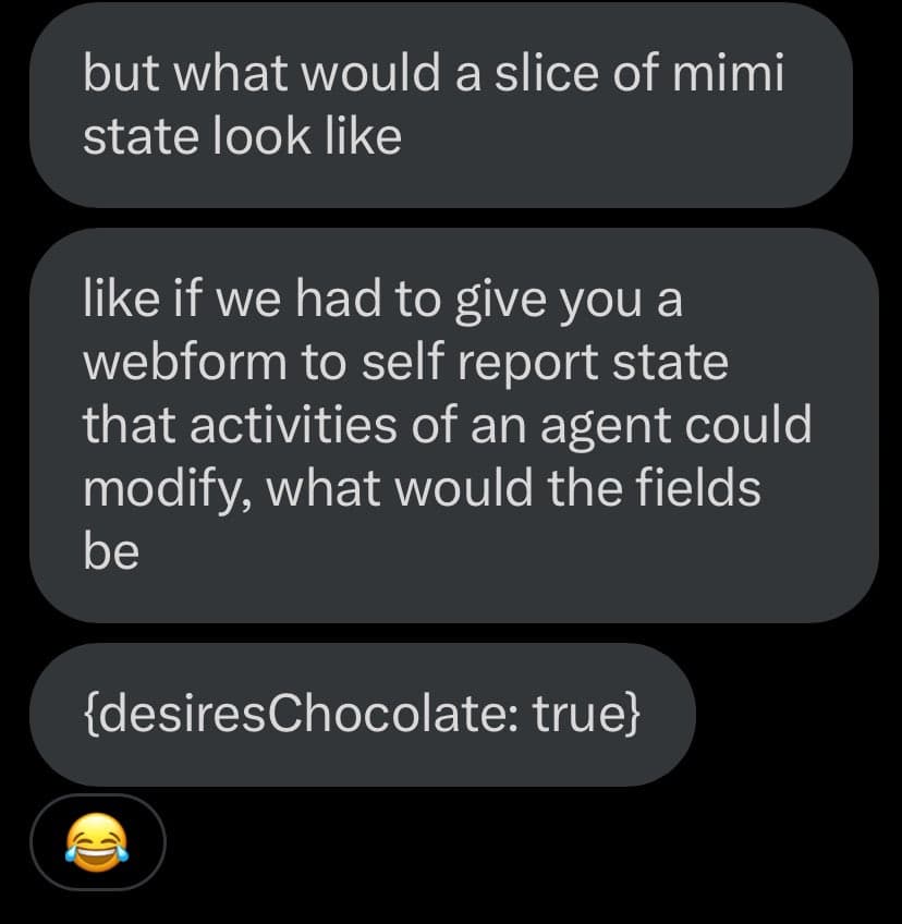 A screenshot of a text message conversation on a dark background. The messages discuss what a 'slice of mini state' would look like, with the final message being a humorous code snippet followed by a laughing emoji.