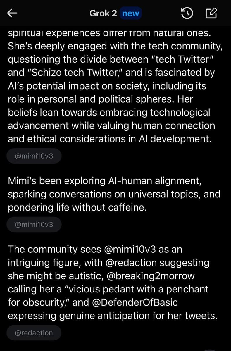 A screenshot of a mobile app interface titled "Grok 2 new" displaying a text-based profile or analysis of a user. The text describes the user's engagement with the tech community, their views on AI, and how other community members perceive them.
