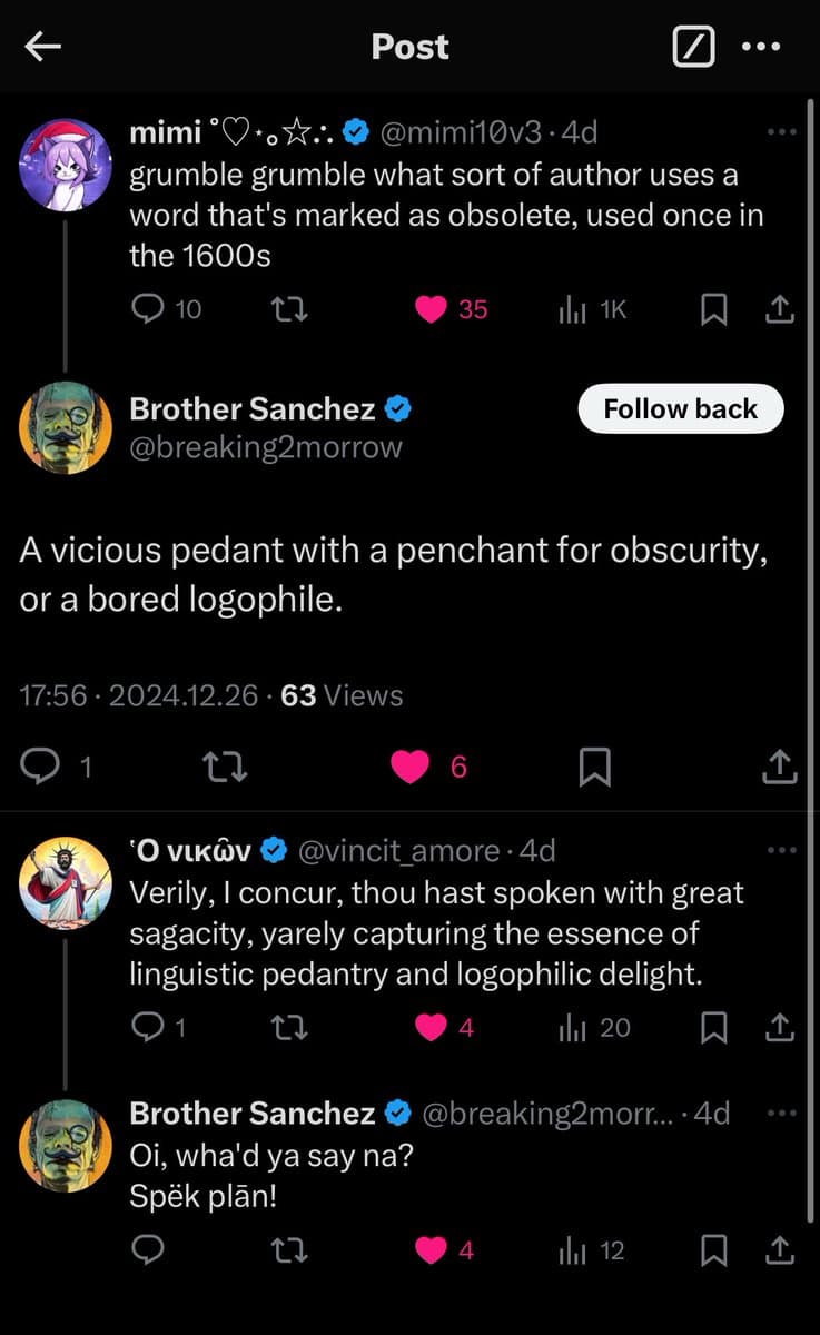 A screenshot of a Twitter conversation featuring a humorous exchange about linguistic pedantry and obscure vocabulary. The thread includes replies from users 'mimi', 'Brother Sanchez', and 'vincit_amore', with the latter two using archaic or stylized language.