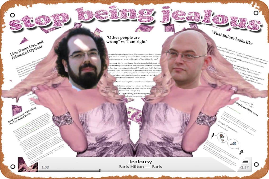 A meme featuring two men with their heads photoshopped onto the bodies of the dancers from the Paris Hilton song "Paris," set against a background of scattered documents. The image is overlaid with the large text "stop being jealous" at the top and a video player bar at the bottom.