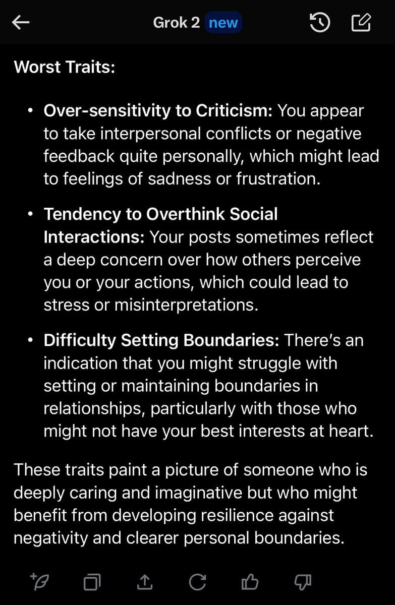 A screenshot of the Grok 2 AI interface displaying a list of 'Worst Traits' with detailed explanations. The text identifies three negative characteristics: over-sensitivity to criticism, a tendency to overthink social interactions, and difficulty setting boundaries, concluding with a summary of the user's profile.