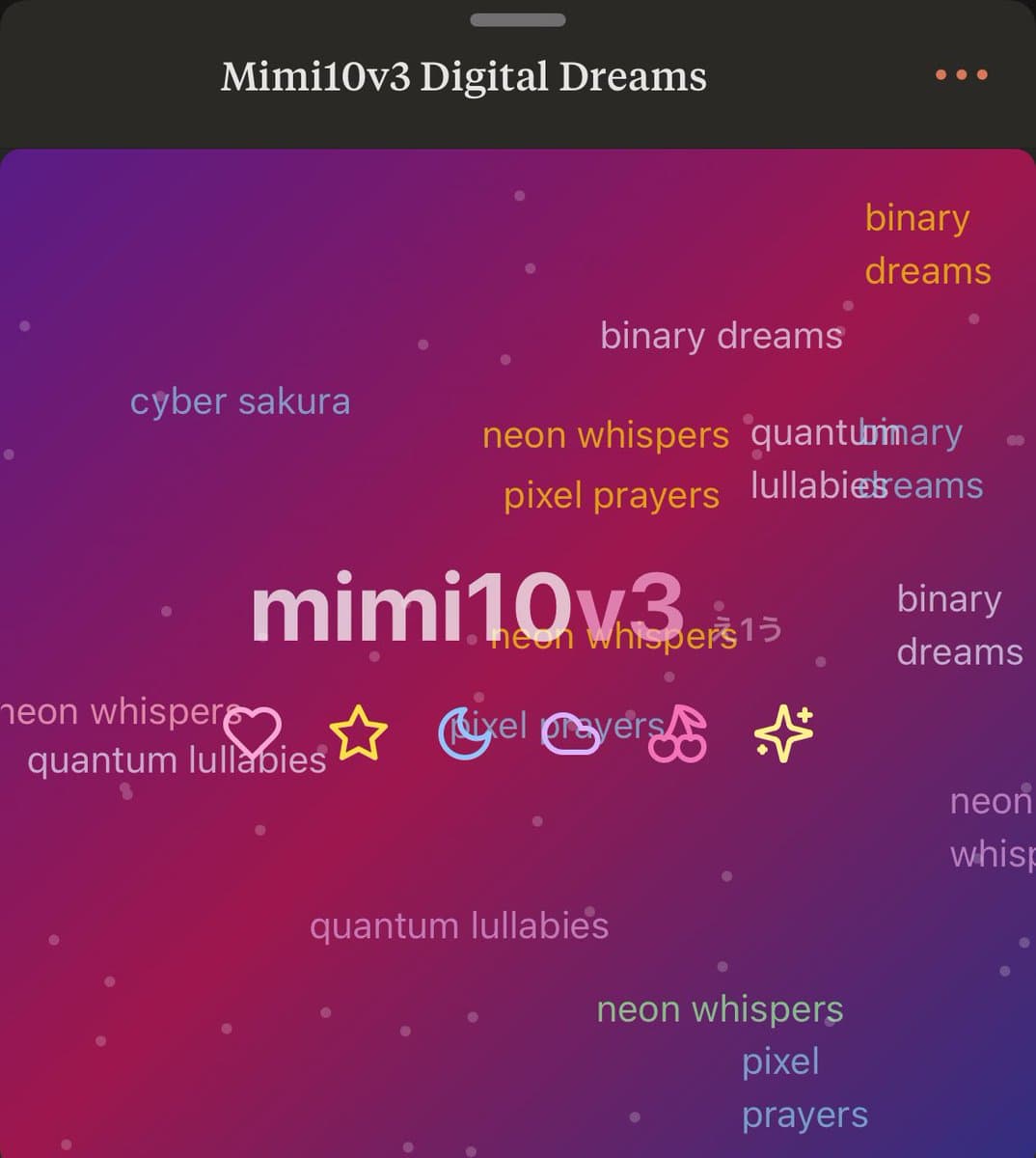A screenshot of a digital art piece or social media post titled "Mimi10v3 Digital Dreams". The image features a purple and pink gradient background with the text "mimi10v3" in the center, surrounded by various phrases like "binary dreams", "cyber sakura", and "neon whispers" in different colors and fonts, along with small icons.