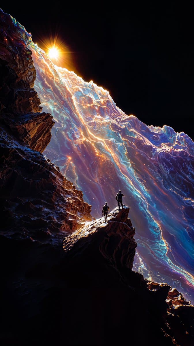 A digital artwork depicting two silhouetted figures standing on a rocky cliff edge, gazing up at a massive, luminous, and iridescent wave-like structure that dominates the sky. A bright light source, resembling a sun or star, shines from the peak of the formation against a dark background.