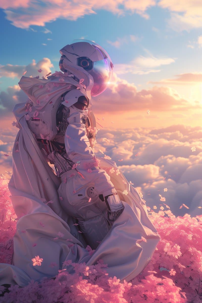 A digital illustration of a figure in a white, futuristic spacesuit and helmet sitting in a field of pink flowers. The background features a sunset sky with clouds and floating petals.