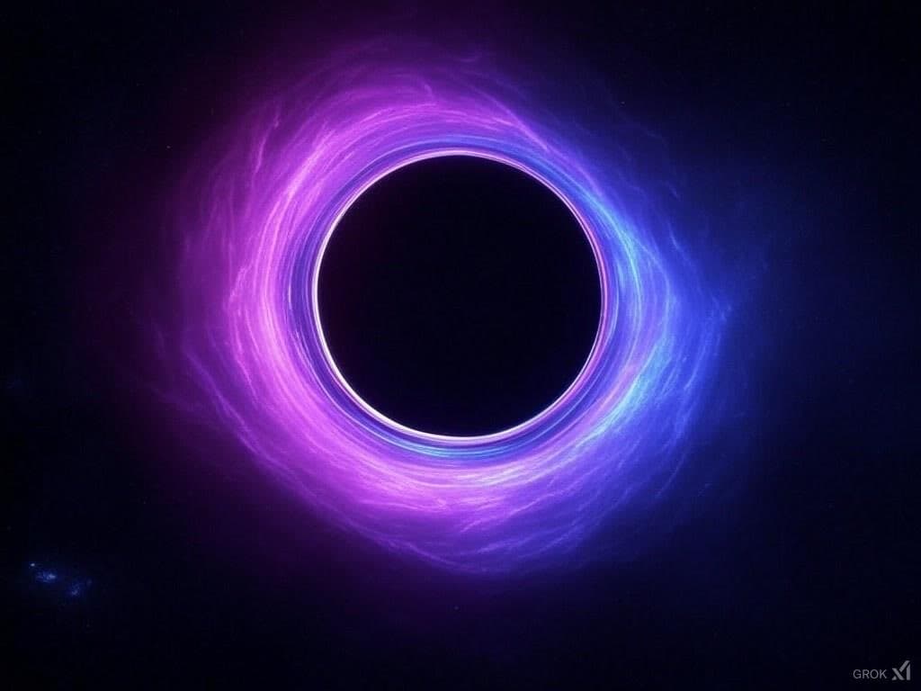 A digital illustration of a black hole featuring a dark central void surrounded by a glowing, swirling accretion disk in shades of purple and blue. The image is set against a dark, starry space background. A small 'Grok' logo is visible in the bottom right corner.