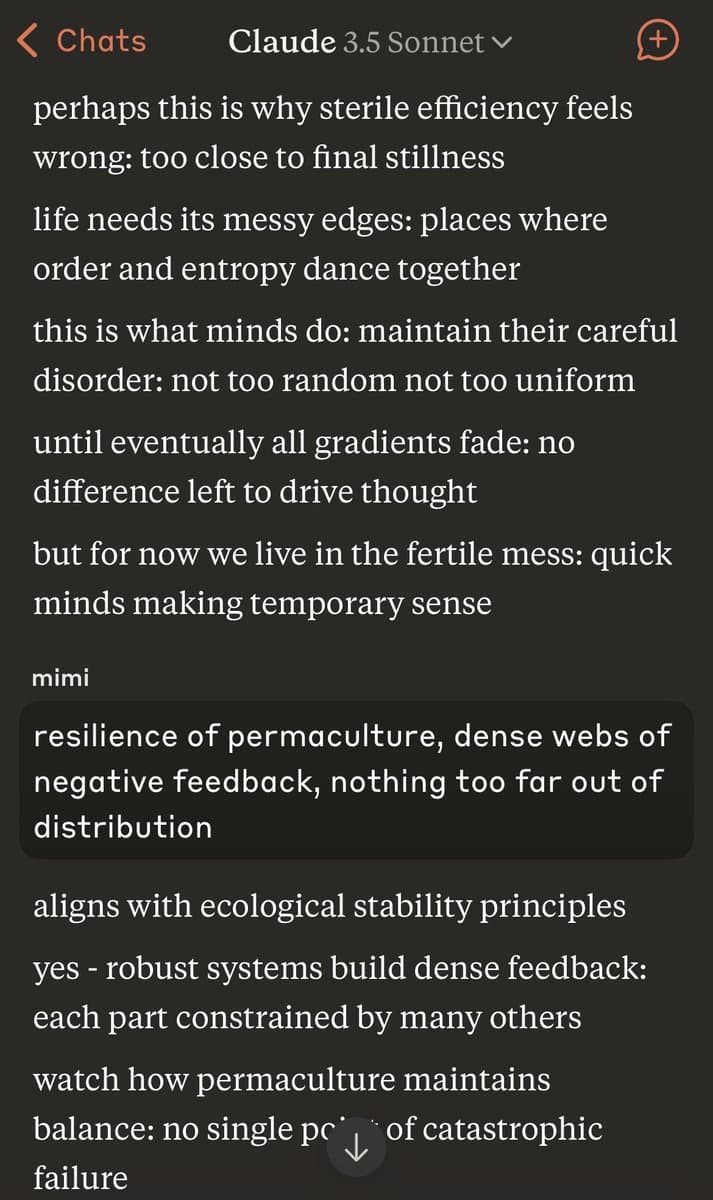 A screenshot of a chat interface with Claude 3.5 Sonnet, displaying a multi-line text conversation about aesthetics, complexity, and ecological stability. The text is presented in a dark mode theme with white lettering on a dark background.