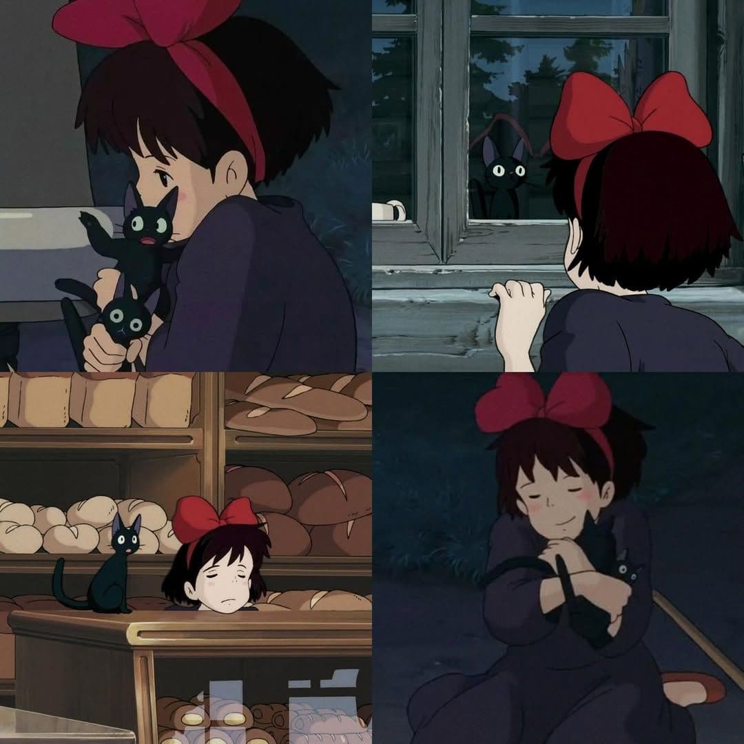 A four-panel collage of stills from the animated film Kiki's Delivery Service, showing the character Kiki interacting with her black cat Jiji in various settings, including a bakery and a window.