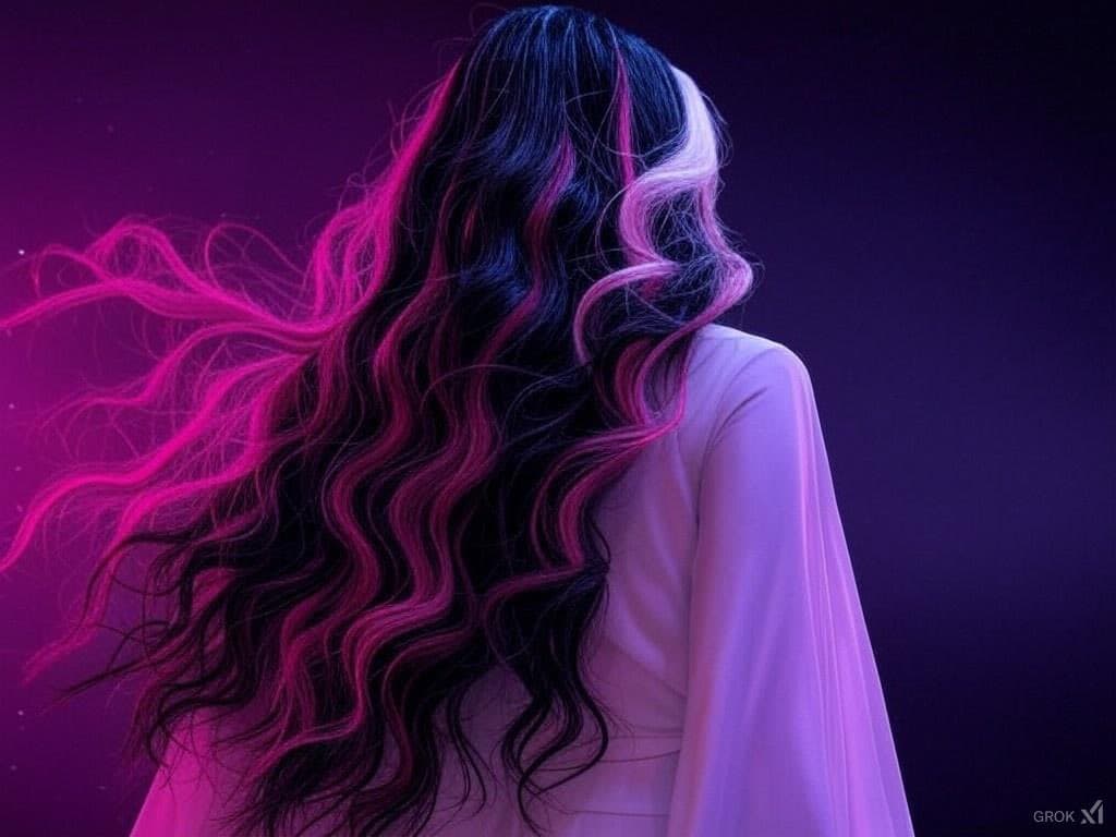A person with long, wavy black hair featuring vibrant pink and white streaks is shown from behind, wearing a light-colored top against a dark purple background. The image has a stylized, neon-lit aesthetic. A small 'GROK' watermark is visible in the bottom right corner.