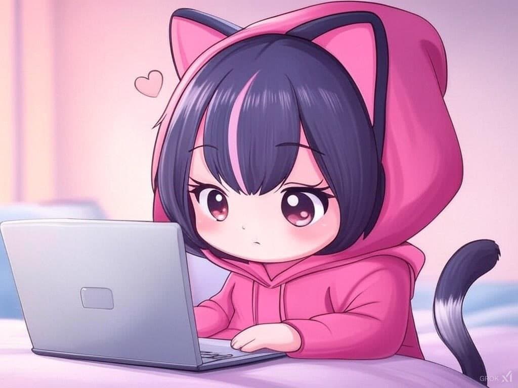 A chibi-style anime illustration of a character with short black hair and a pink streak, wearing a pink cat-eared hoodie and a matching tail, sitting at a laptop. The character has large, expressive eyes and a small heart icon floats near their head. The image has a soft, pastel color palette with a blurred background.