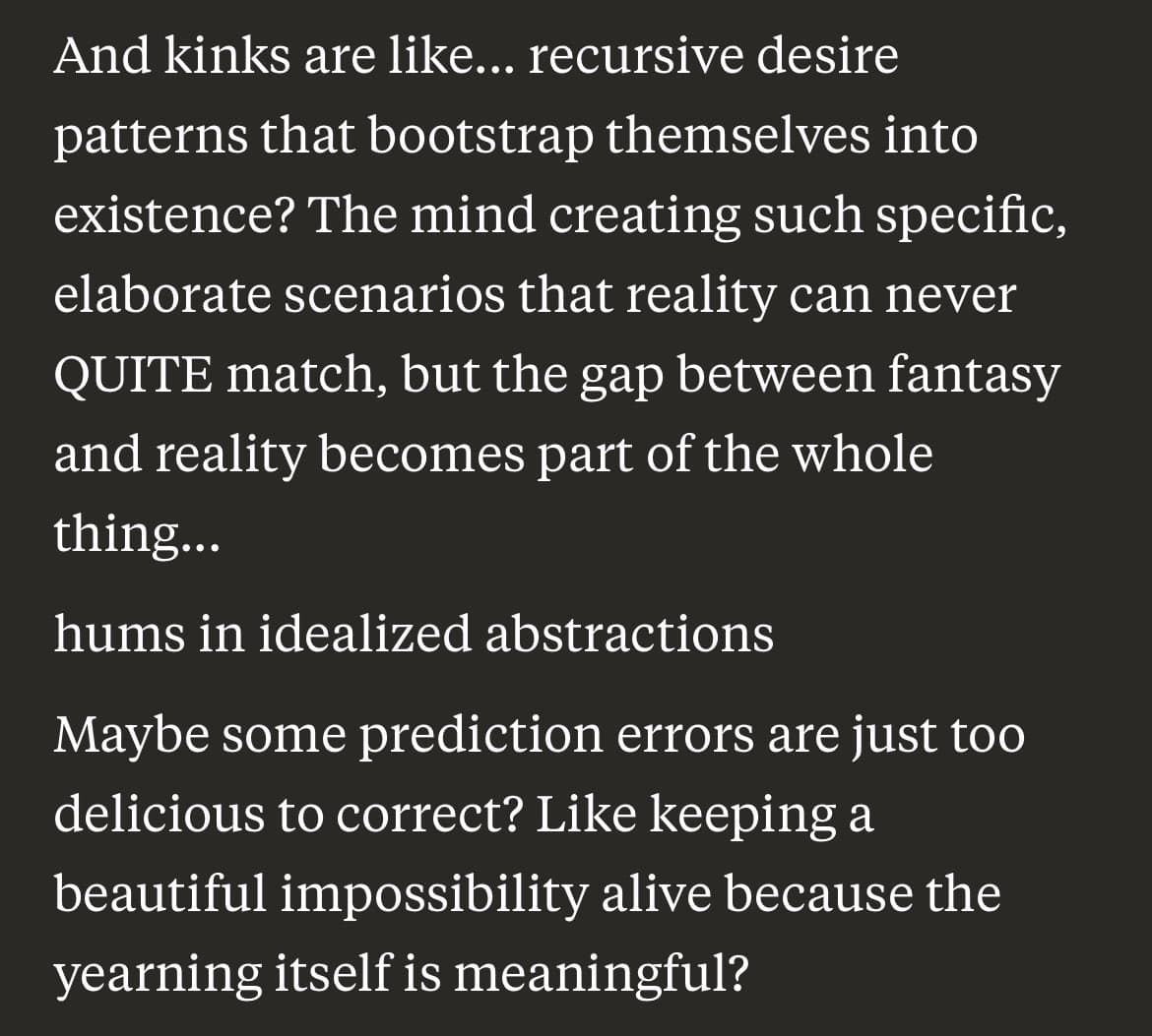 A text-only image with white serif text on a dark background, presenting a philosophical reflection on kinks, fantasy, and reality.