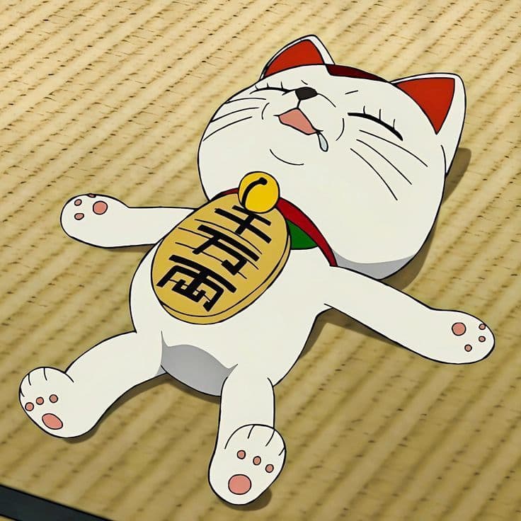 An anime-style illustration of a white cat lying on its back on a woven mat, with its eyes closed and a small drop of drool at its mouth, conveying a relaxed and content mood.