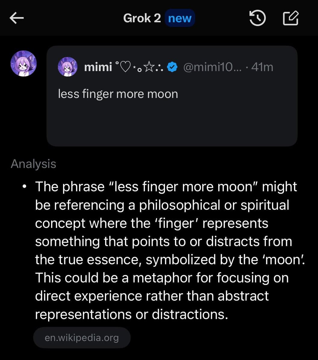 A screenshot of the Grok 2 AI interface displaying an analysis of a tweet. The tweet, from a user named 'mimi', reads 'less finger more moon', and the AI provides a philosophical interpretation of the phrase.