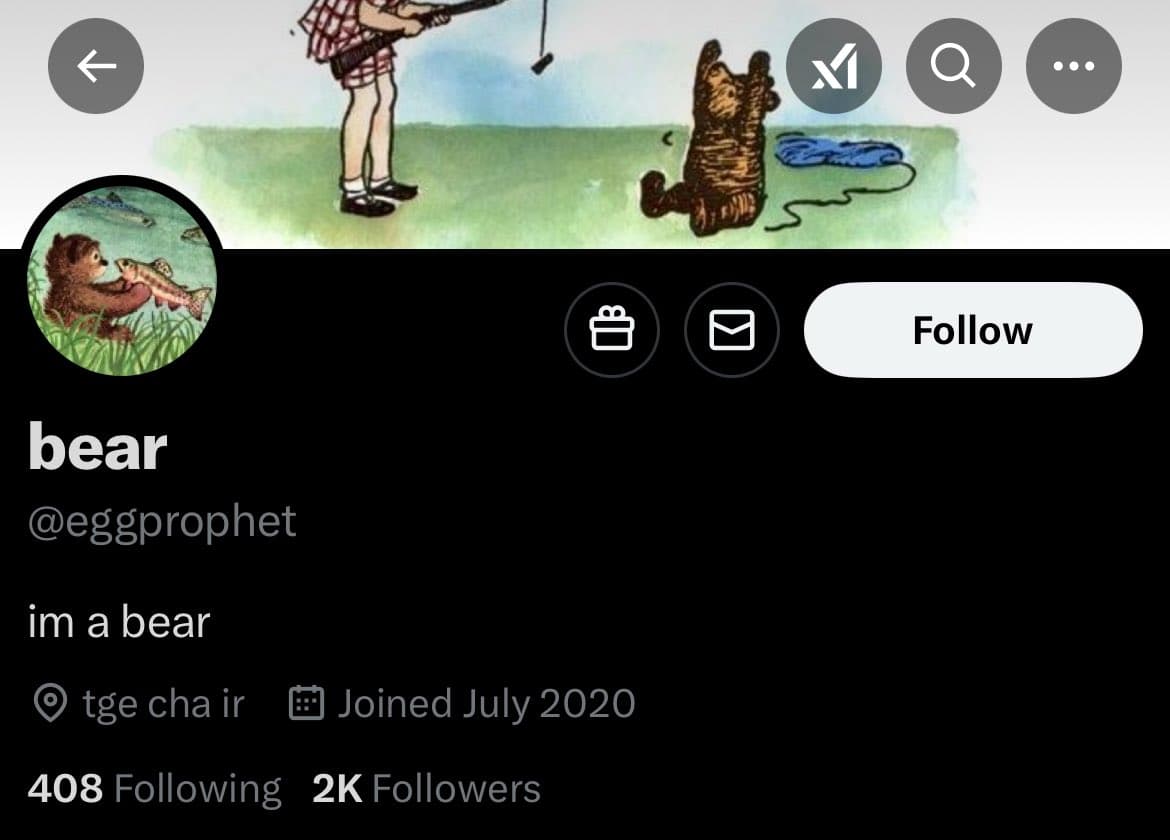 A screenshot of a Twitter profile page for the account 'bear' (@eggprophet). The profile features a cartoon bear avatar and a banner image of a bear and a person, with the bio reading 'im a bear'.