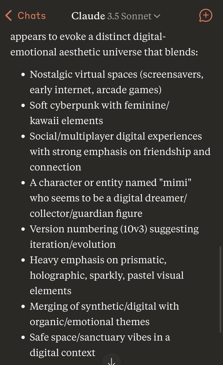 A screenshot of a chat interface with the header "Claude 3.5 Sonnet" displaying a bulleted list of aesthetic descriptors. The text describes a digital-emotional aesthetic blending nostalgic virtual spaces, soft cyberpunk, and kawaii elements, featuring a character named "mimi" and prismatic visual styles.