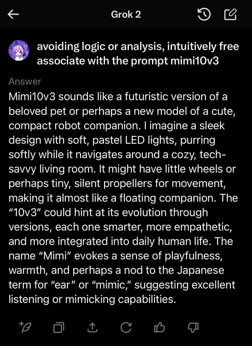 A screenshot of a chat interface titled 'Grok 2', showing a user prompt and the AI's response. The user asked the AI to intuitively associate with the prompt 'mimi10v3', and the AI responded with a creative description of a futuristic, cat-like robot companion.
