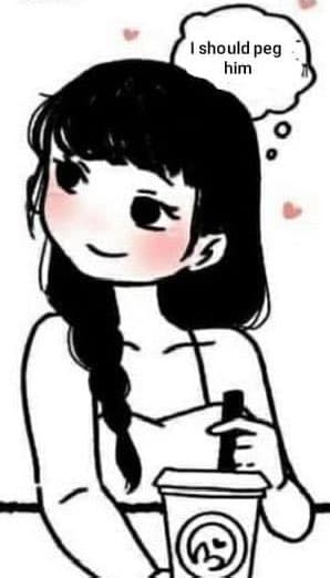 A black-and-white digital illustration of a smiling girl with a long braid holding a drink cup, with a thought bubble above her head.