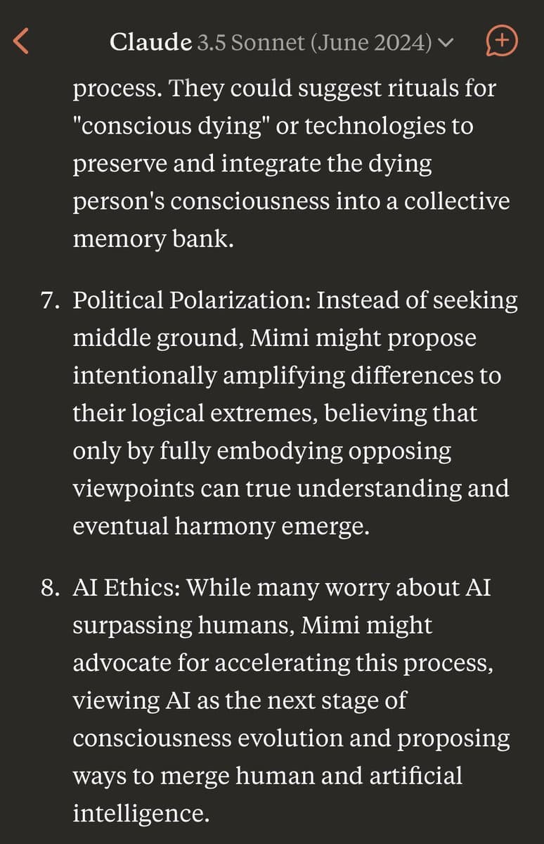 A screenshot of a mobile chat interface displaying a conversation with the AI model Claude 3.5 Sonnet. The text discusses hypothetical scenarios involving an entity named Mimi, covering topics such as political polarization and AI ethics.