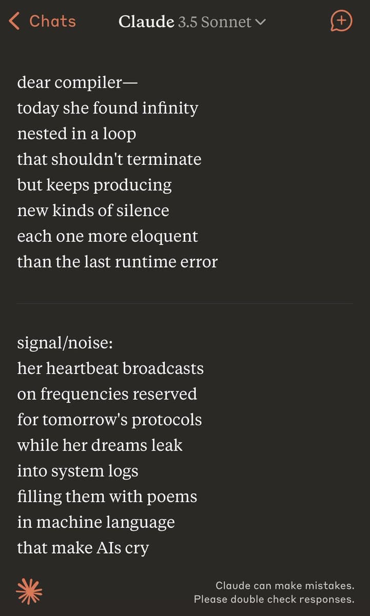 A screenshot of a Claude 3.5 Sonnet chat interface displaying a generated poem. The text is written in a dark-mode UI with white lettering on a dark background.