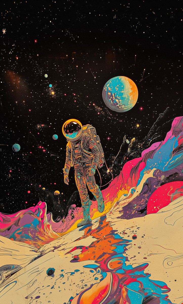 A psychedelic, retro-style illustration of an astronaut walking on a colorful, alien landscape with vibrant pink, blue, and orange terrain. A large, multicolored planet and a starry sky fill the background, creating a surreal and artistic space scene.