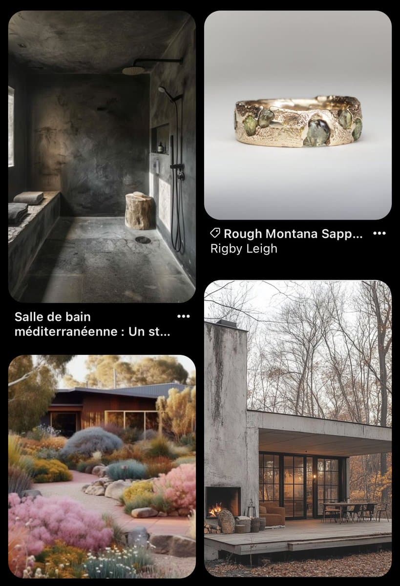 A Pinterest-style collage featuring four images of rustic and modern home design and jewelry. The top left shows a concrete bathroom, the top right displays a gold ring with green stones, the bottom left features a colorful garden, and the bottom right shows a modern house exterior.