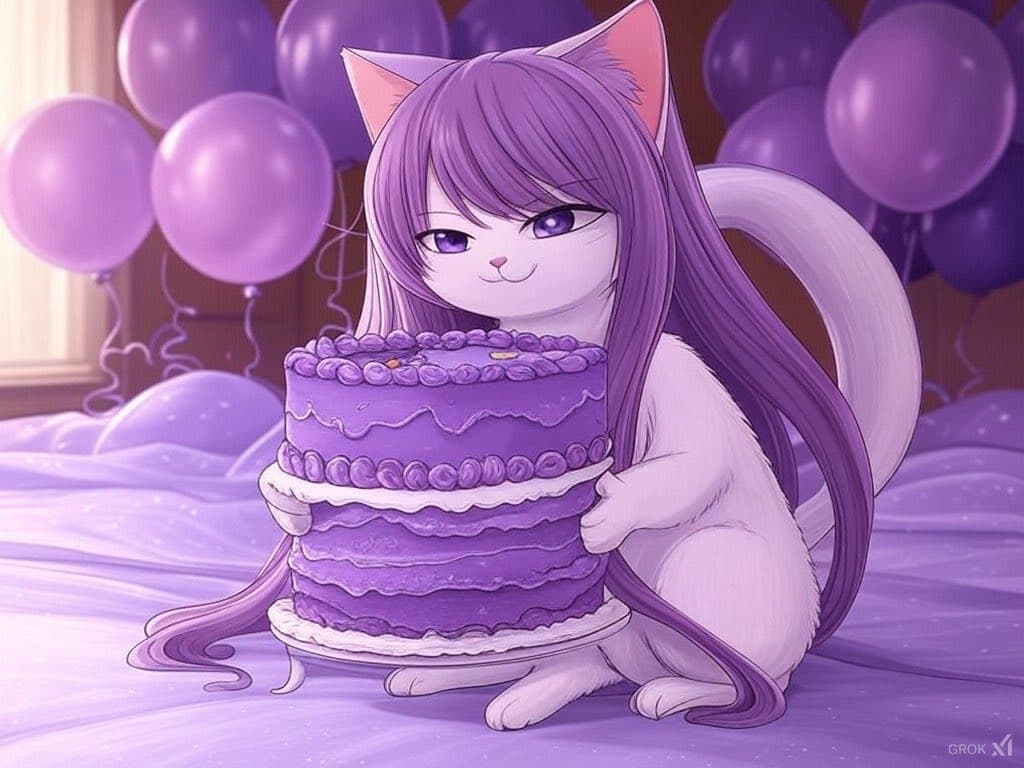 A digital illustration of a white cat with long purple hair and cat ears holding a large, three-tiered purple birthday cake. The background features purple balloons and a bed, creating a festive birthday theme.