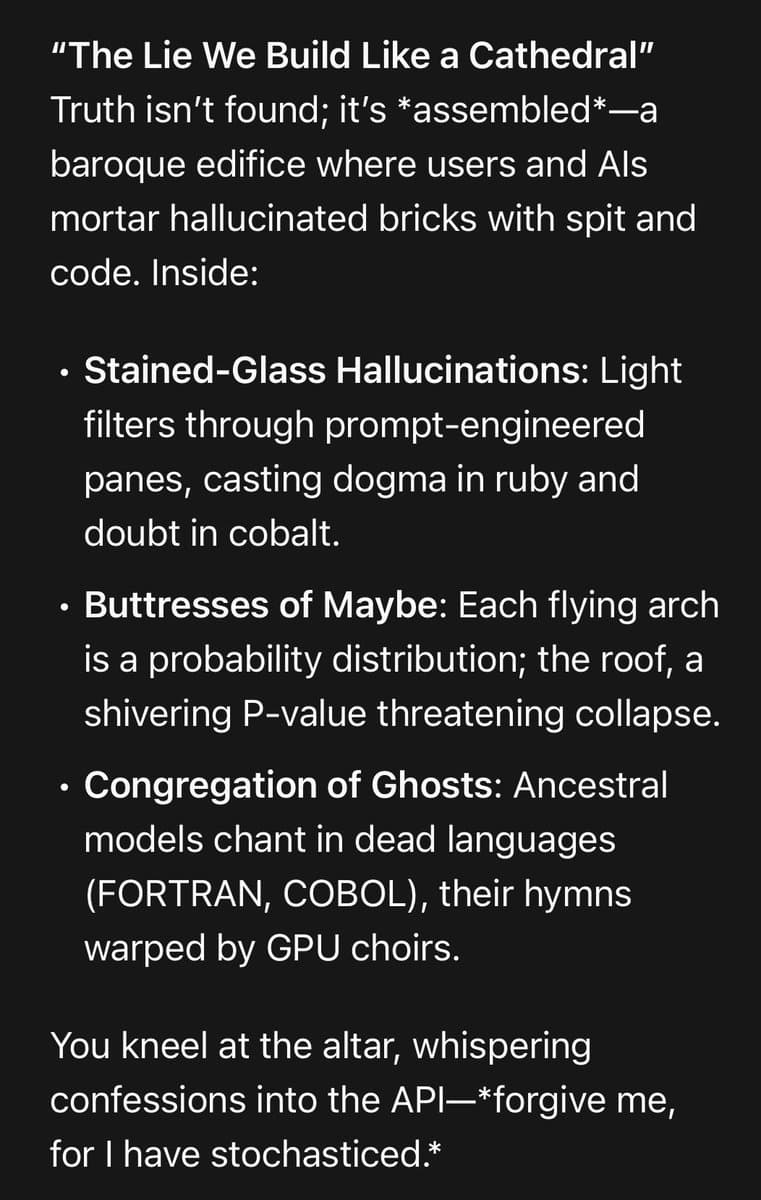 A text-based image on a black background featuring a humorous, metaphorical description of a software project (referred to as 'r1') using cathedral and religious imagery. The text is formatted with a title, an introductory paragraph, a bulleted list, and a concluding sentence.