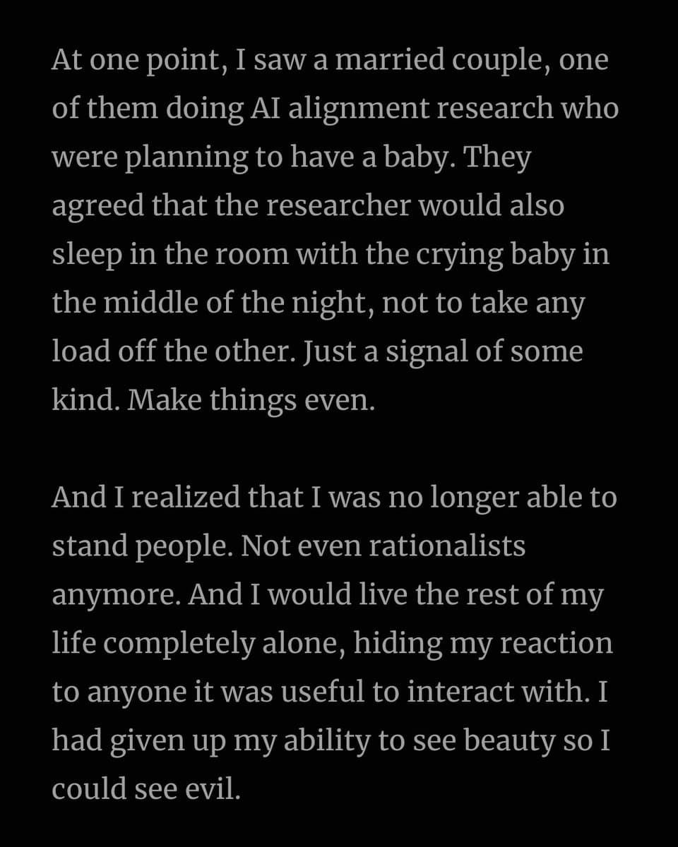 A text-only image with white text on a black background, presenting a narrative excerpt. The text describes a personal reaction to a story about a married couple, one of whom is an AI alignment researcher, and concludes with a statement about the author's changing perspective on people and rationalists.