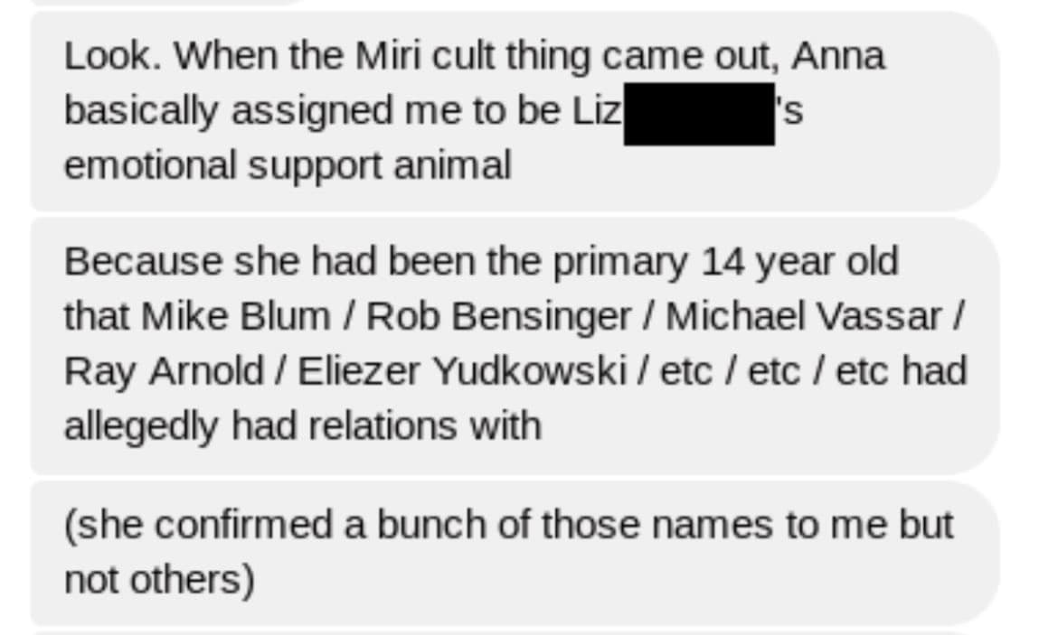 A screenshot of a text message conversation consisting of three message bubbles. The messages discuss a person being assigned as an "emotional support animal" for someone named Liz, referencing a "Miri cult" and listing several names of individuals allegedly involved with a 14-year-old.