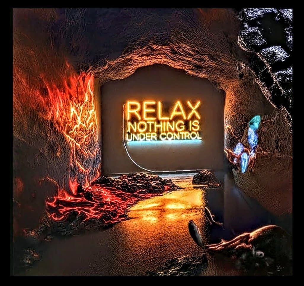 A surreal digital artwork depicting a dark, cave-like tunnel with glowing red lava on the left and blue crystals on the right. In the center, a neon sign is mounted on the back wall.
