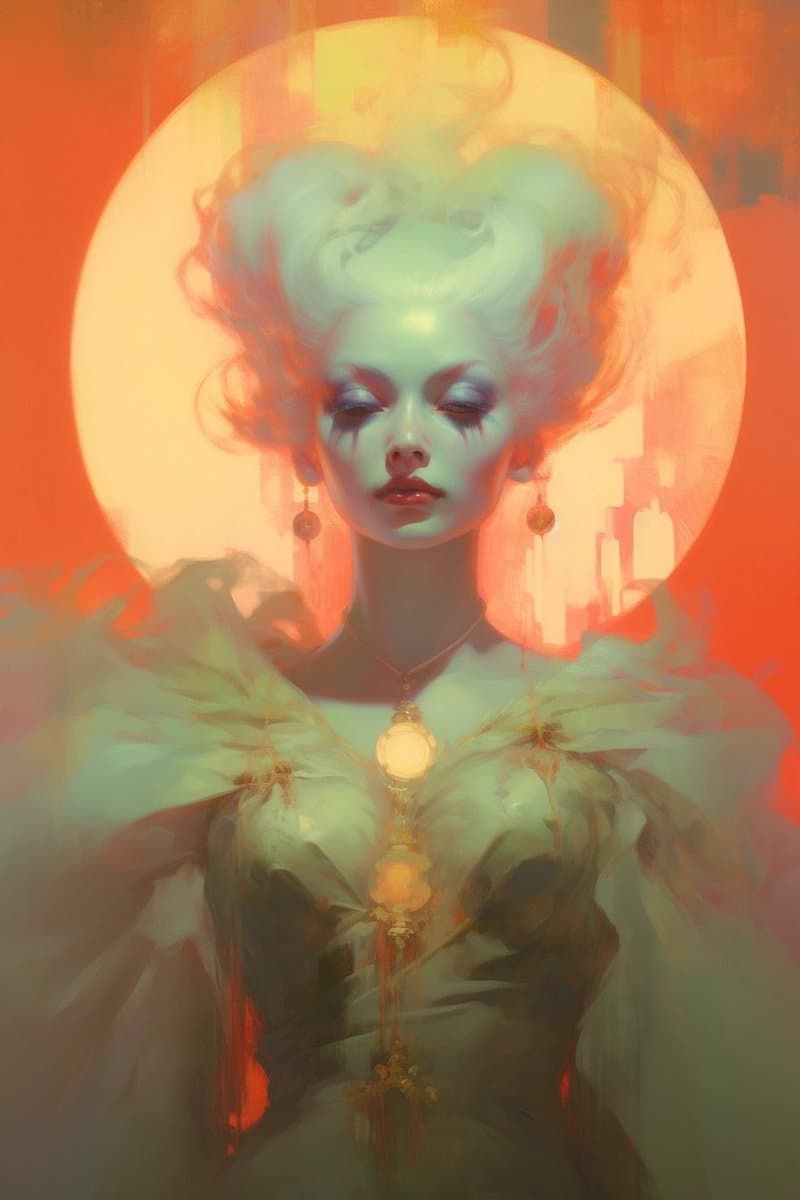 A digital painting of a woman with pale skin and voluminous white hair, wearing an ornate dress and jewelry, set against a warm orange background with a large glowing circle behind her head. The image has a soft, ethereal quality with muted colors and a dreamlike atmosphere.