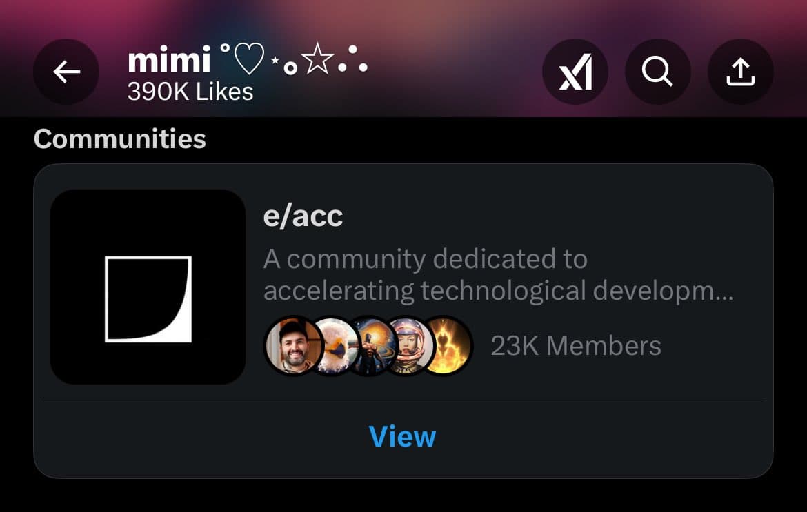 A screenshot of a social media profile page for a user named 'mimi' with 390K likes, displaying a 'Communities' section. The section features a card for the 'e/acc' community, described as dedicated to accelerating technological development, which has 23K members.