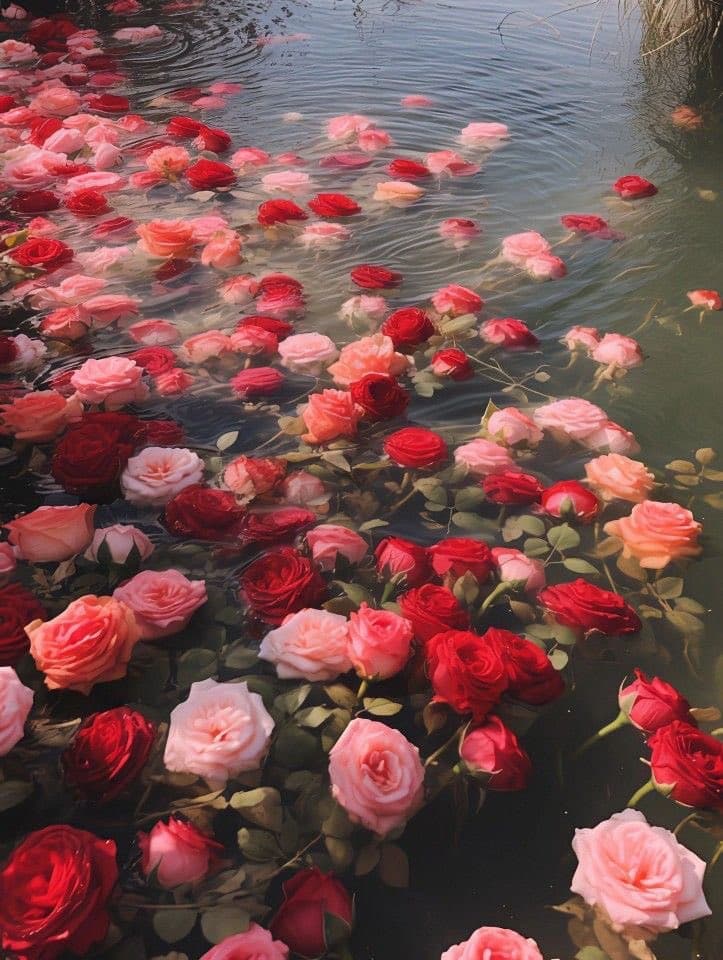 A photograph of numerous red and pink roses floating on the surface of a body of water, with their stems and leaves visible just beneath the surface. The image captures a serene, natural scene with the flowers scattered across the water.