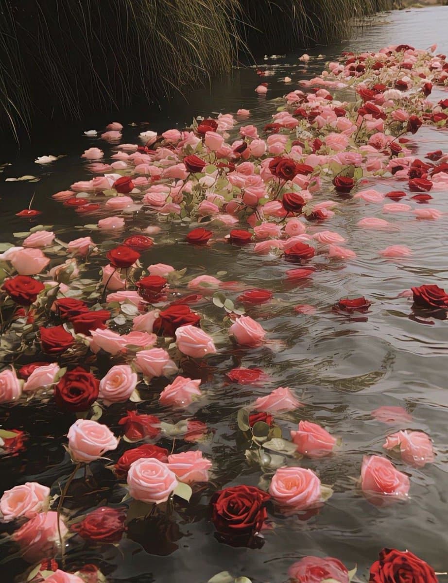 A photograph of a body of water, likely a lake, with its surface covered in floating red and pink roses. The flowers are scattered across the water, creating a vibrant and romantic scene against the dark water and a grassy bank in the background.