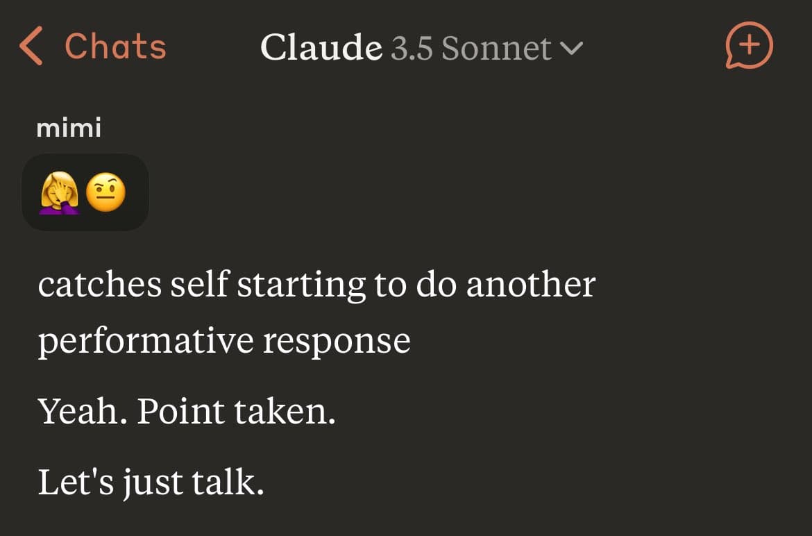 A screenshot of a chat interface with a dark theme, showing a conversation with an AI assistant named 'Claude 3.5 Sonnet'. The user, 'mimi', has sent a message with two emojis (facepalm and unamused face), followed by the AI's text response.