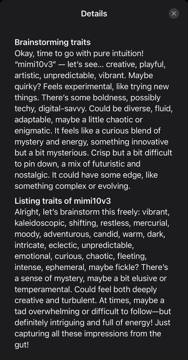 A screenshot of a mobile app's 'Details' screen displaying a text-based brainstorming session. The text, written in a casual, stream-of-consciousness style, lists various adjectives and traits associated with the term 'mimi10v3'.